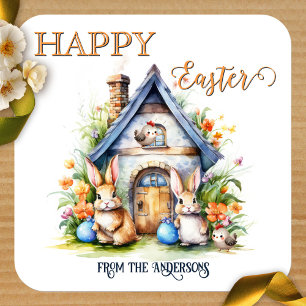 Happy Easter Cute Spring Watercolor Bunny Square Sticker