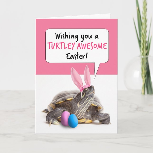 Happy Easter Cute Turtle om Bunny Ears Holiday Card (Front)