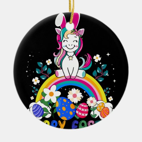 Happy Easter Cute Unicorn Wearing Bunny Ears Rainb Ceramic Ornament