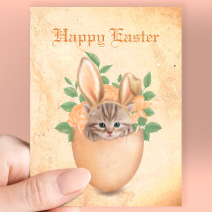 Happy Easter cute Vintage bunny kitty & eggs Postcard