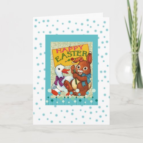 Happy Easter Cute Vintage Duck and Bunny Holiday Card