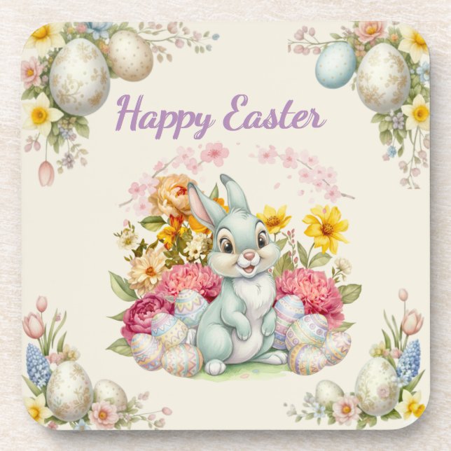 Happy Easter Cute Water Color bunny  Beverage Coaster (Front)