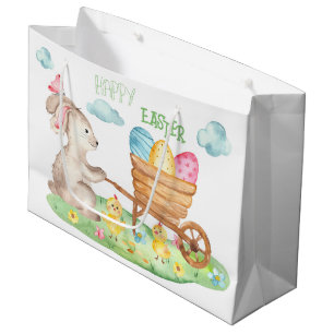 Happy Easter Cute Watercolor Bunny Chicks Eggs Large Gift Bag