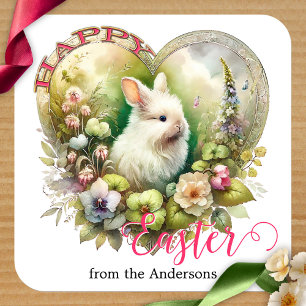 Happy Easter Cute Watercolor Bunny Floral Square Sticker