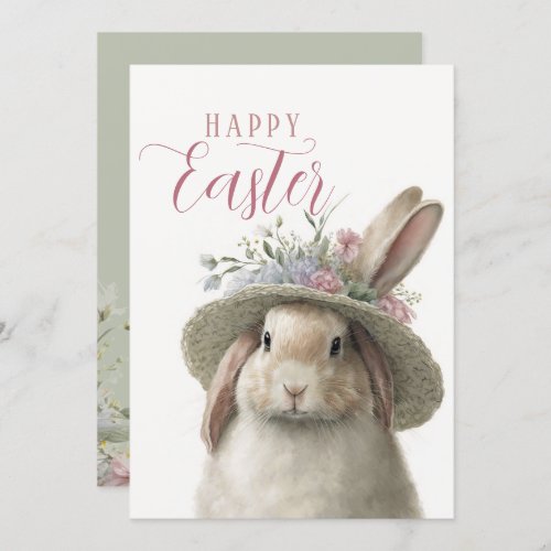 Happy Easter Cute Watercolor Floral Bunny Rabbit Card