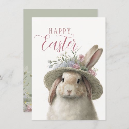 Happy Easter Cute Watercolor Floral Bunny Rabbit Card