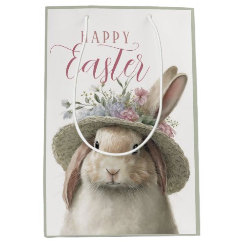 Happy Easter Cute Watercolor Floral Bunny Rabbit Medium Gift Bag