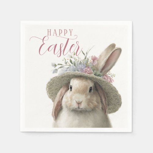 Happy Easter Cute Watercolor Floral Bunny Rabbit Napkins