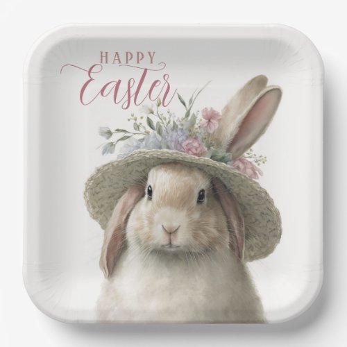Happy Easter Cute Watercolor Floral Bunny Rabbit Paper Plates