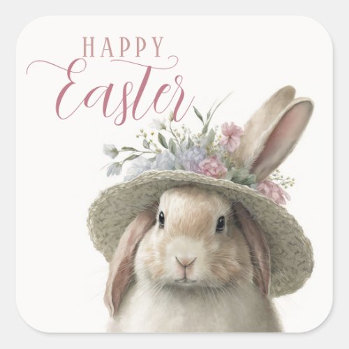 Happy Easter Cute Watercolor Floral Bunny Rabbit Square Sticker