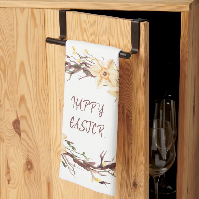 Happy Easter Daffodils Floral  Wreath Kitchen Towel (Thirds Fold)