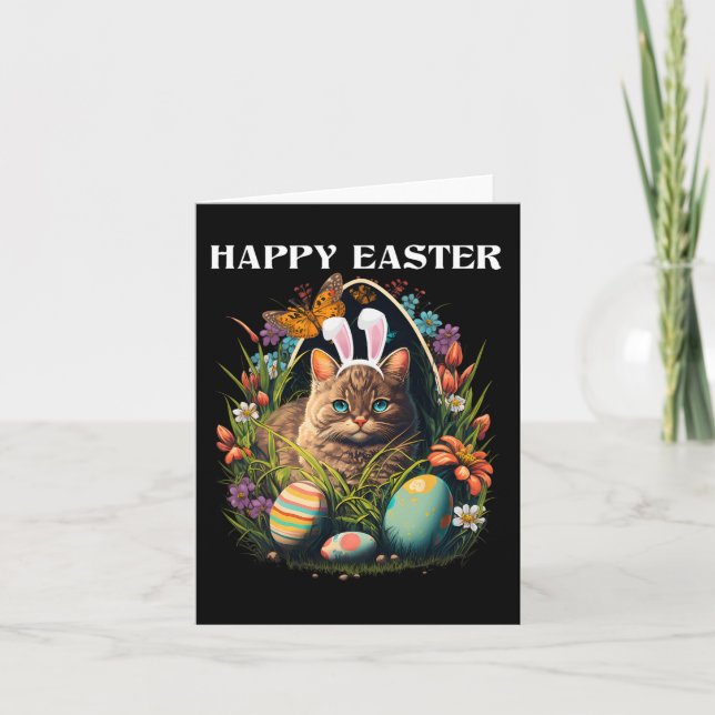 Happy Easter Day Bunny Cat Eggs Basket Men Women C Card (Front)
