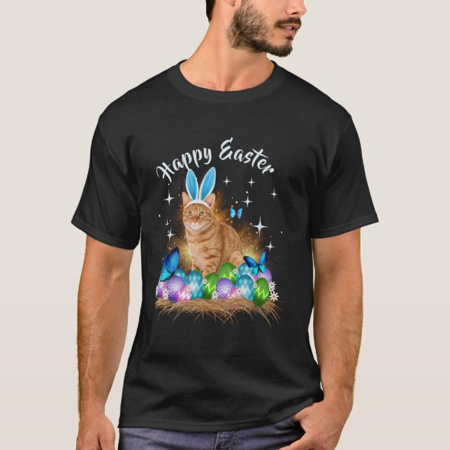Happy Easter Day Bunny Cat Eggs Basket Men Women C T-Shirt (Front)