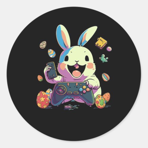 Happy Easter Day Bunny Rabbit Playing Video Game E Classic Round Sticker