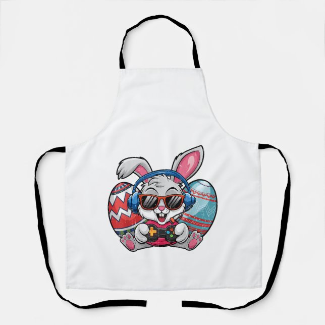 Happy Easter Day Cute Bunny Playing Video Game Kid Apron (Front)