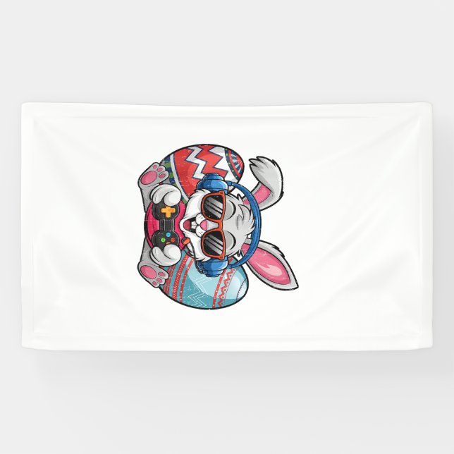 Happy Easter Day Cute Bunny Playing Video Game Kid Banner (Horizontal)
