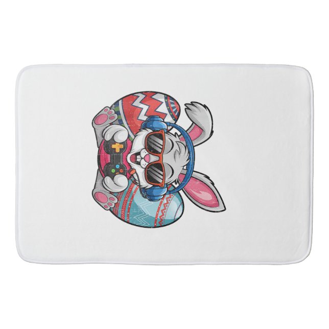 Happy Easter Day Cute Bunny Playing Video Game Kid Bath Mat (Front)