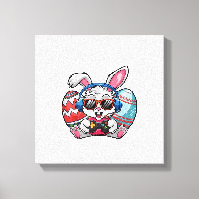 Happy Easter Day Cute Bunny Playing Video Game Kid Canvas Print (Front)