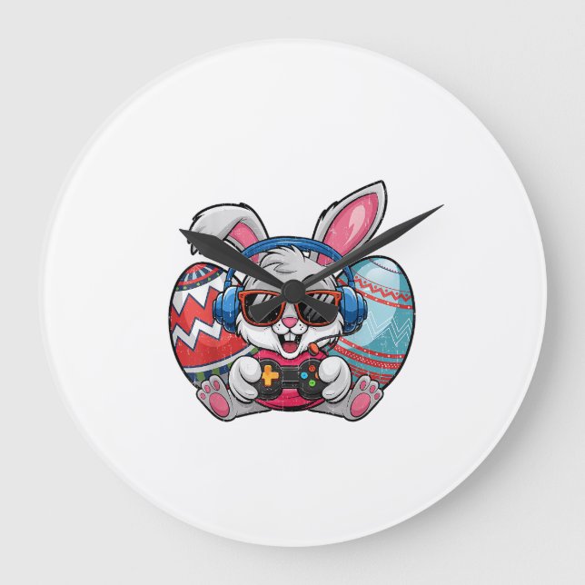 Happy Easter Day Cute Bunny Playing Video Game Kid Large Clock (Front)