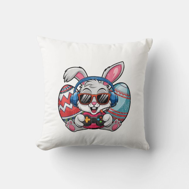Happy Easter Day Cute Bunny Playing Video Game Kid Throw Pillow (Front)