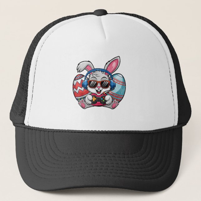 Happy Easter Day Cute Bunny Playing Video Game Kid Trucker Hat (Front)