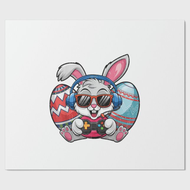 Happy Easter Day Cute Bunny Playing Video Game Kid Wrapping Paper (Flat)