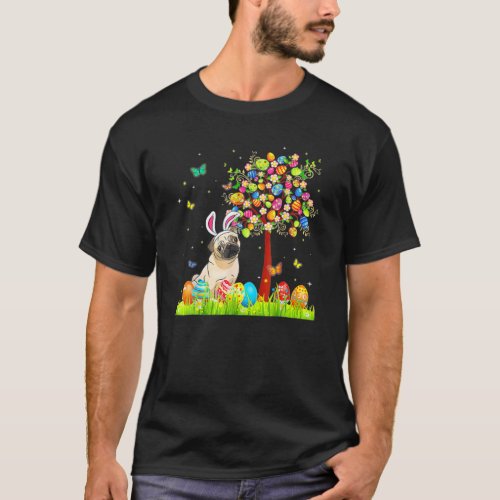 Happy Easter Day Cute Bunny Pug Easter Eggs Tree D T_Shirt