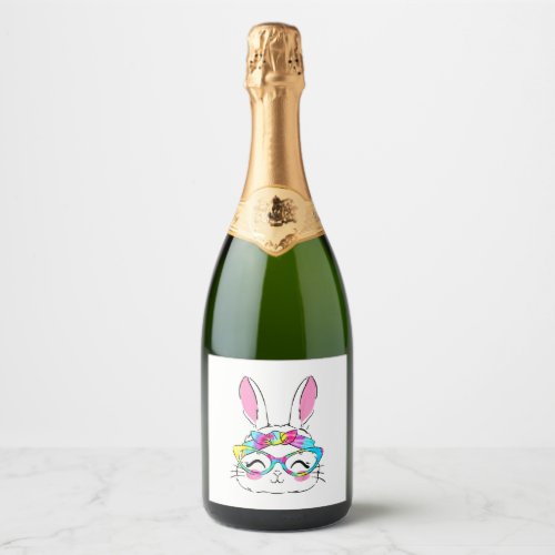 Happy Easter Day Cute Bunny Rabbit Face Tie Dye Sparkling Wine Label