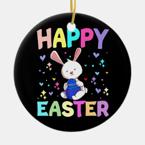 Happy Easter Day Cute Bunny Rabbit With Eggs Hunt Ceramic Ornament