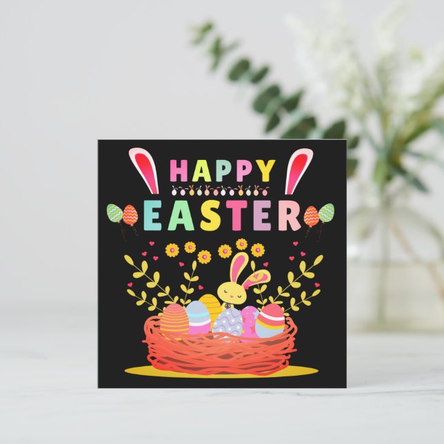 Happy Easter Day Cute Bunny With Eggs - Easter Holiday Card (Standing Front)