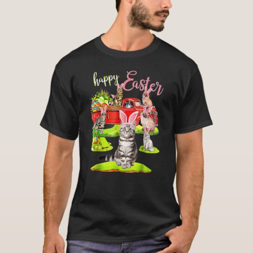 Happy Easter Day Cute Cat Riding Red Truck Love Bu T_Shirt