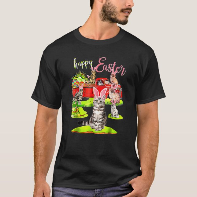 Happy Easter Day Cute Cat Riding Red Truck Love Bu T-Shirt (Front)