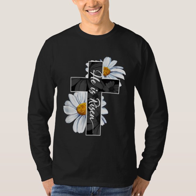 Happy Easter Day He Is Risen Jesus Christian Cross T-Shirt (Front)