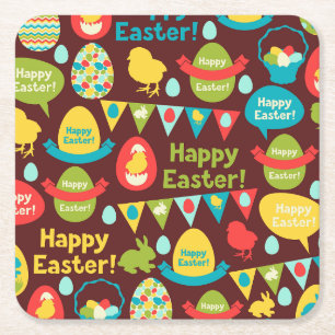 Happy Easter day- Pattern Bunny And Eggs Easter Square Paper Coaster