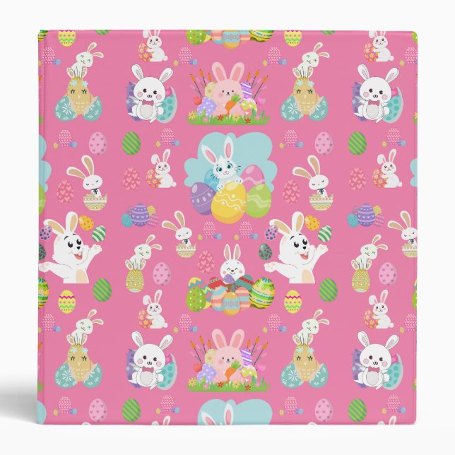 Happy Easter day- Pattern Funny Bunny And Eggs     3 Ring Binder (Front)