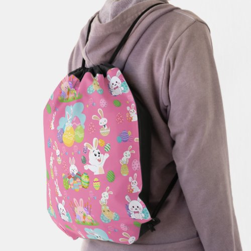 Happy Easter day_ Pattern Funny Bunny And Eggs     Drawstring Bag