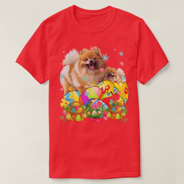 Happy Easter Day Pomeranian With Easter Eggs Dog L T-Shirt (Design Front)