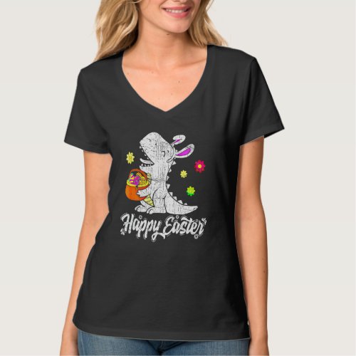 Happy Easter Day T Rex Dinosaur Eggs Basket Bunny  T_Shirt