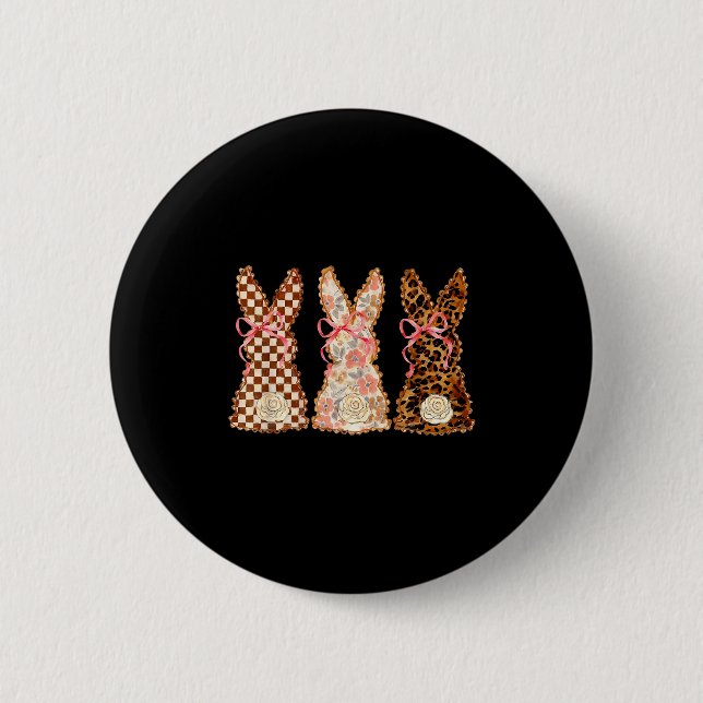 Happy Easter Day Three Bunnies Patchwork Funny Rab Button (Front)