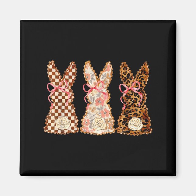 Happy Easter Day Three Bunnies Patchwork Funny Rab Magnet (Front)