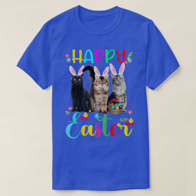 Happy Easter Day Three Cat Wearing Bunny Ears Bask T-Shirt (Design Front)