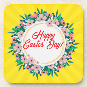 Happy Easter Day With Floral Frame-23046 Beverage Coaster