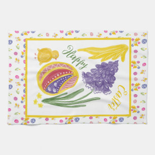 Happy Easter decorated egg, chicken and sun Kitchen Towel