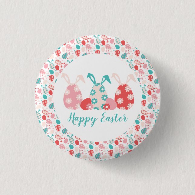 Happy Easter Decorated Eggs Bunny Ears Button (Front)