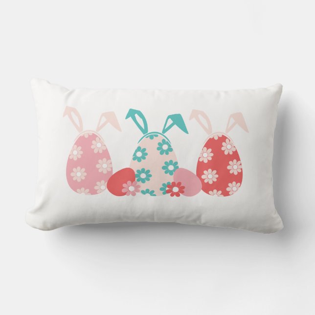 Happy Easter Decorated Eggs Bunny Ears Lumbar Pillow (Front)