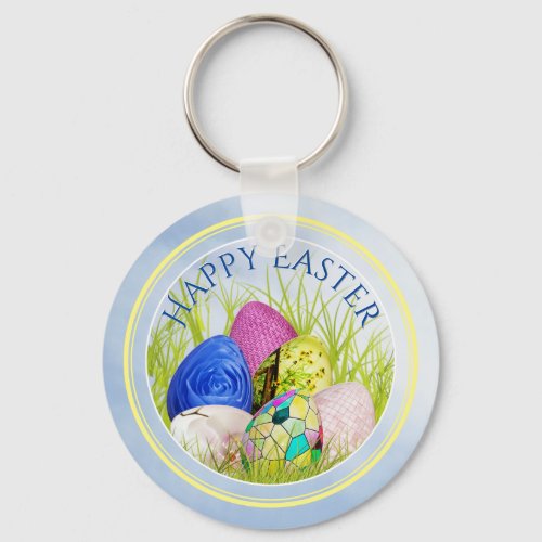 Happy Easter Decorated Eggs Floral Photography Keychain
