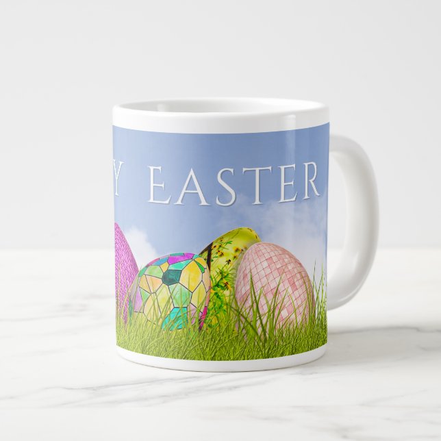Happy Easter Decorated Eggs Photography Blue Sky Giant Coffee Mug (Front Right)