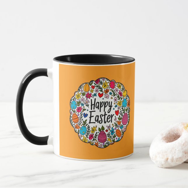 Happy Easter – Decorative Floral Wreath caneca Mug (With Donut)