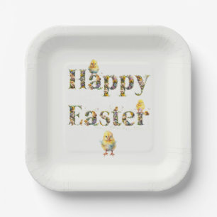 Happy Easter Decorative text Baby Chics Paper Plates