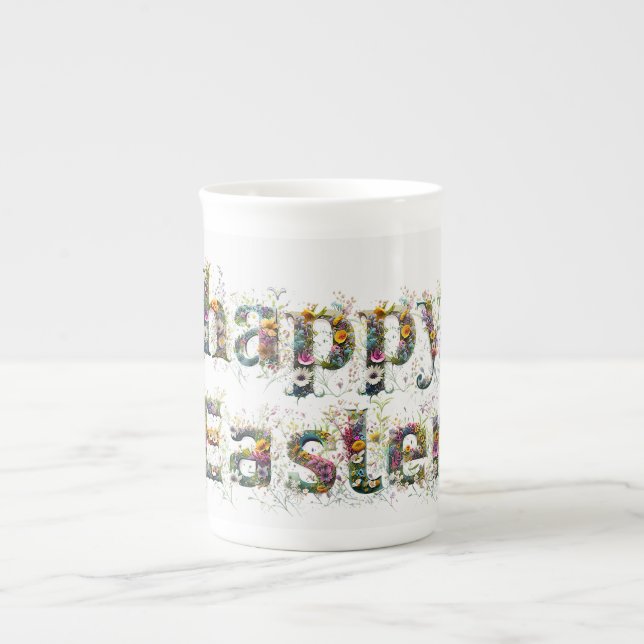 Happy Easter Decorative Wildflower text Bone China Mug (Front)